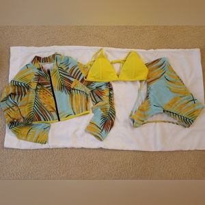 3 Piece Women's Floral Bikini w/Zip Up Crop Top Bathing Suit - sz Small.